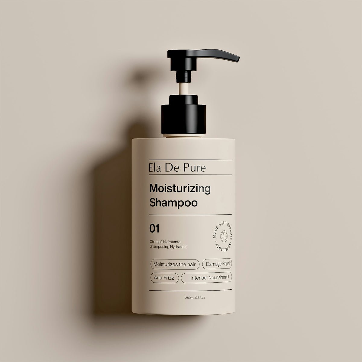 Moisturizing shampoo bottle on a neutral background.