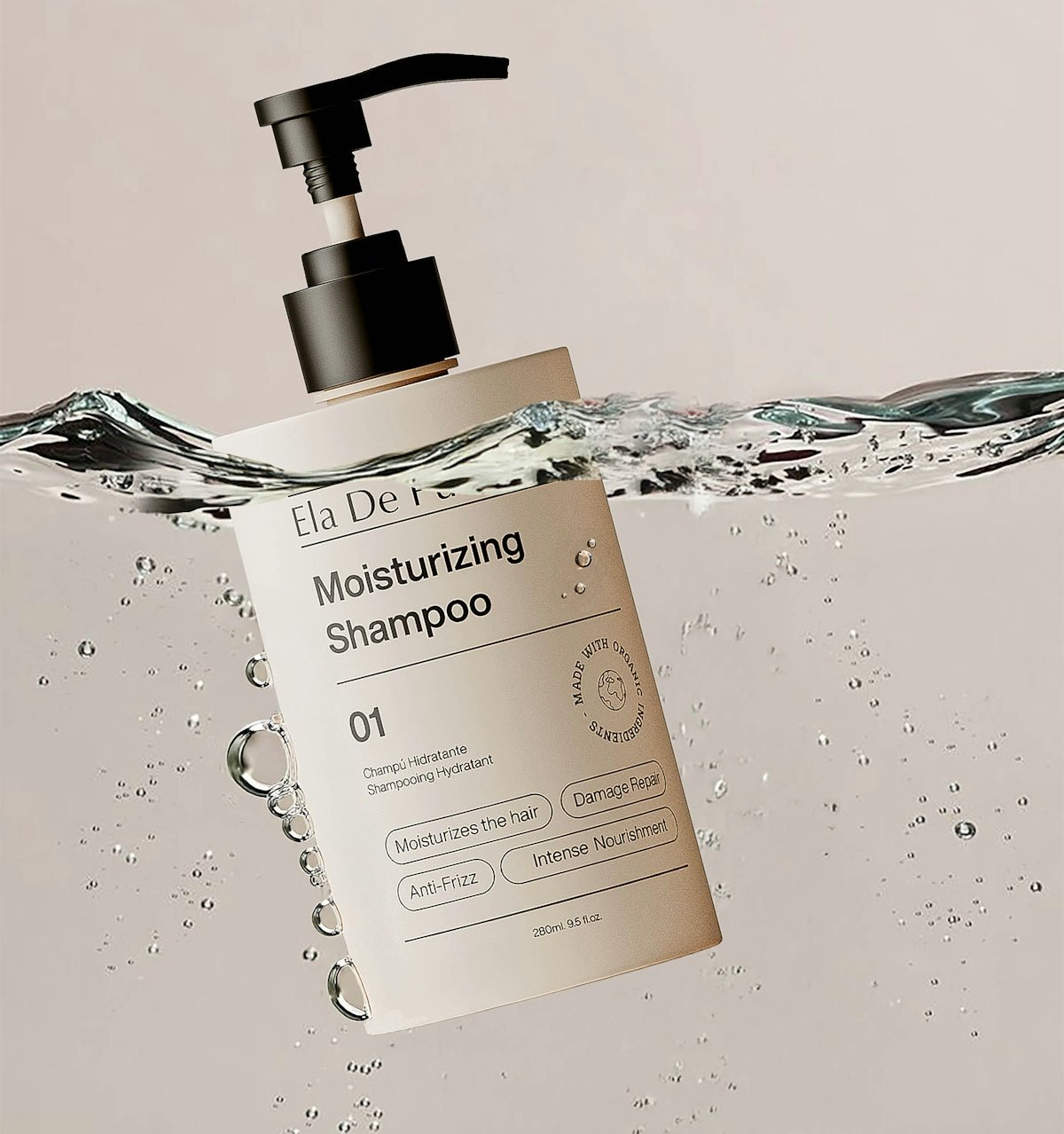 Shampoo bottle partially submerged in water.