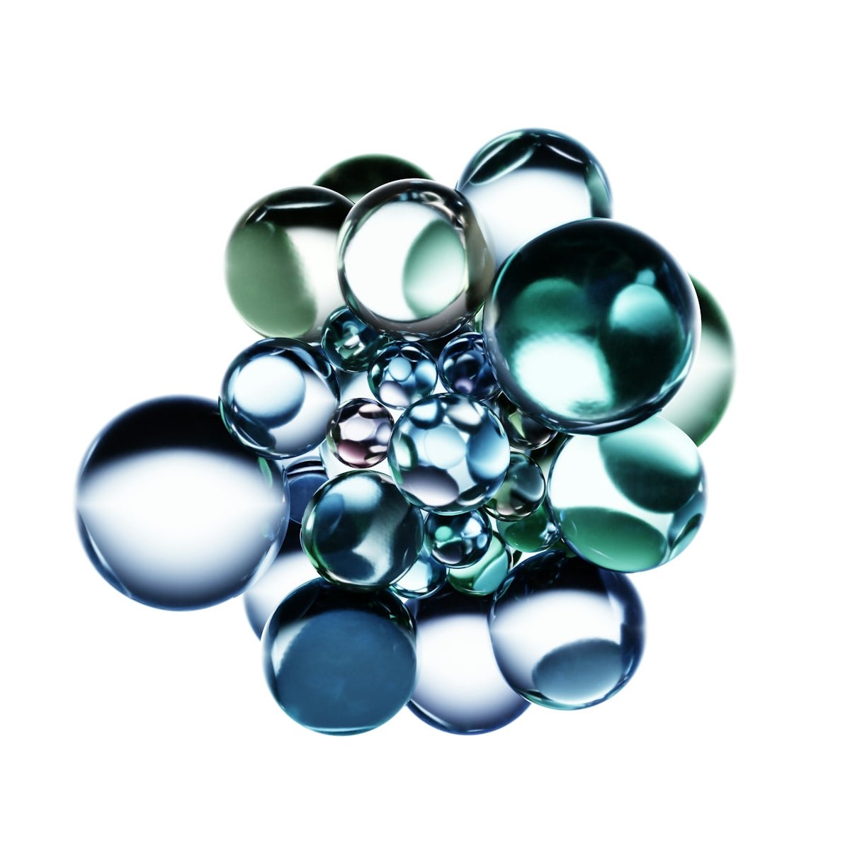 Cluster of clear and blue glass spheres