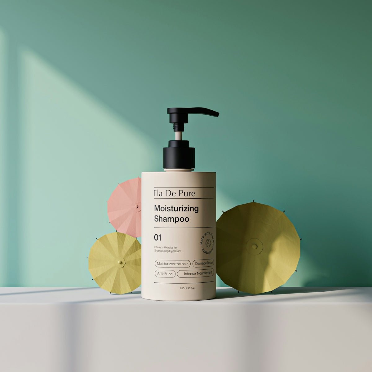 A bottle of moisturizing shampoo with decorative fans.