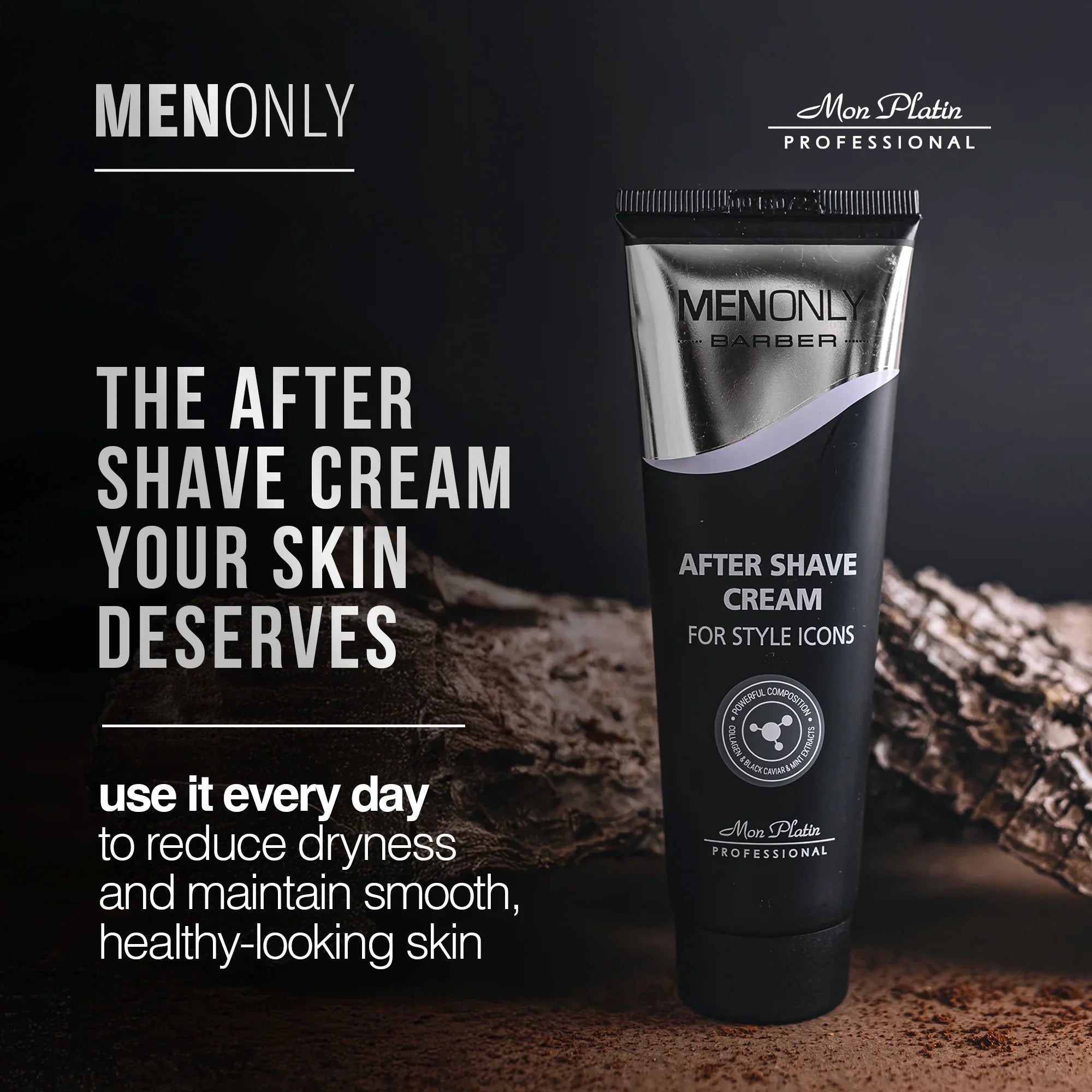 MenOnly Barber After Shave Cream - Black Caviar Collagen Mint Moisturizing Soothing - 2.5oz