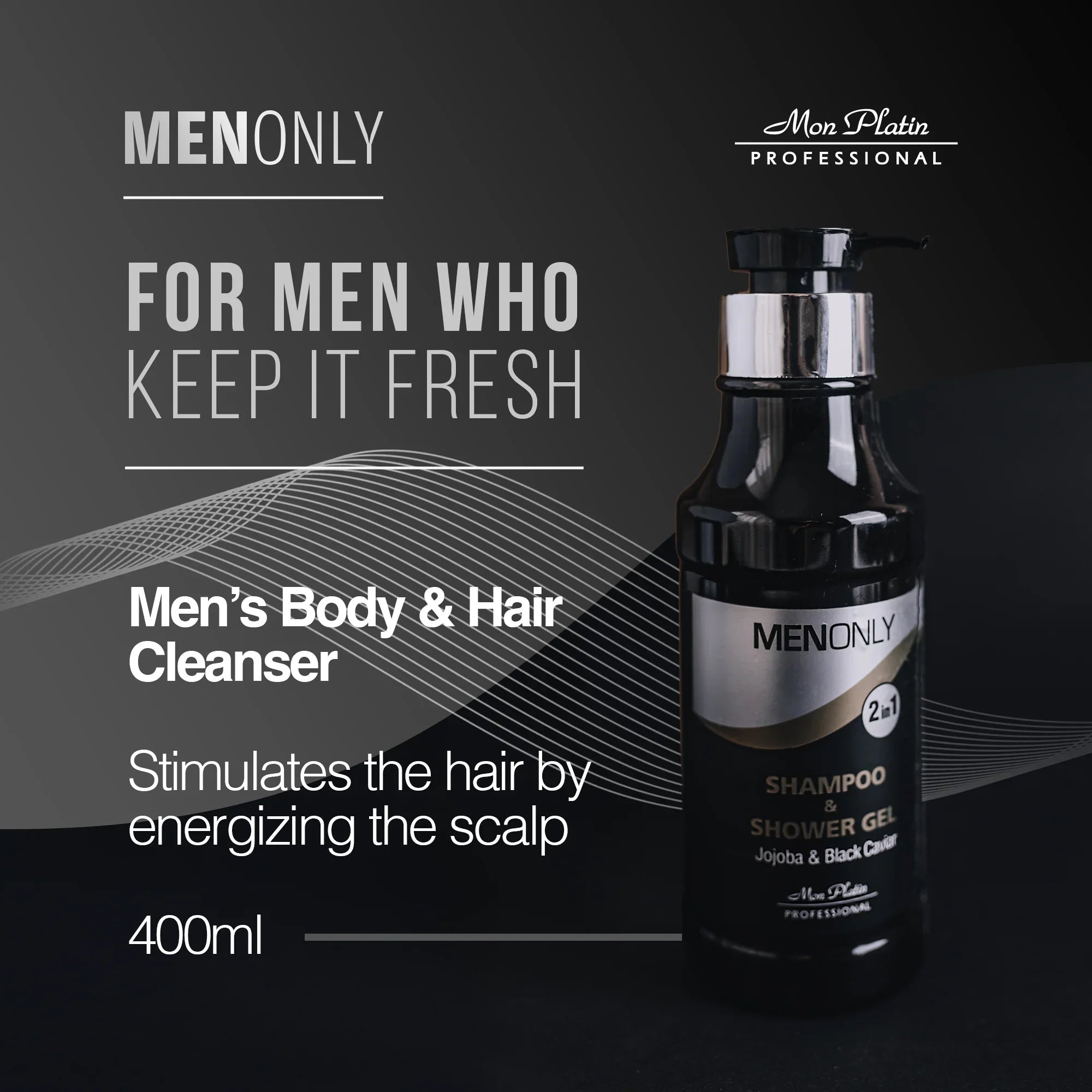 MenOnly Daily Shampoo – Black Caviar & Jojoba Extracts – Anti-Dandruff, Volumizing & Refreshing – 13.5 oz / 400 ml