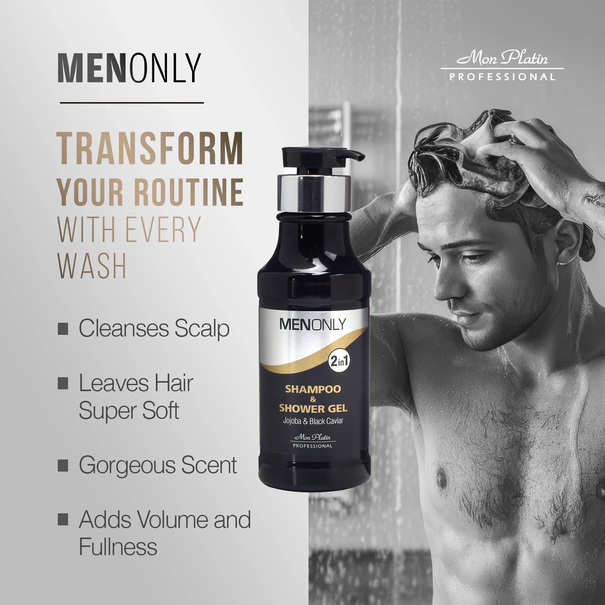 MenOnly Daily Shampoo – Black Caviar & Jojoba Extracts – Anti-Dandruff, Volumizing & Refreshing – 13.5 oz / 400 ml