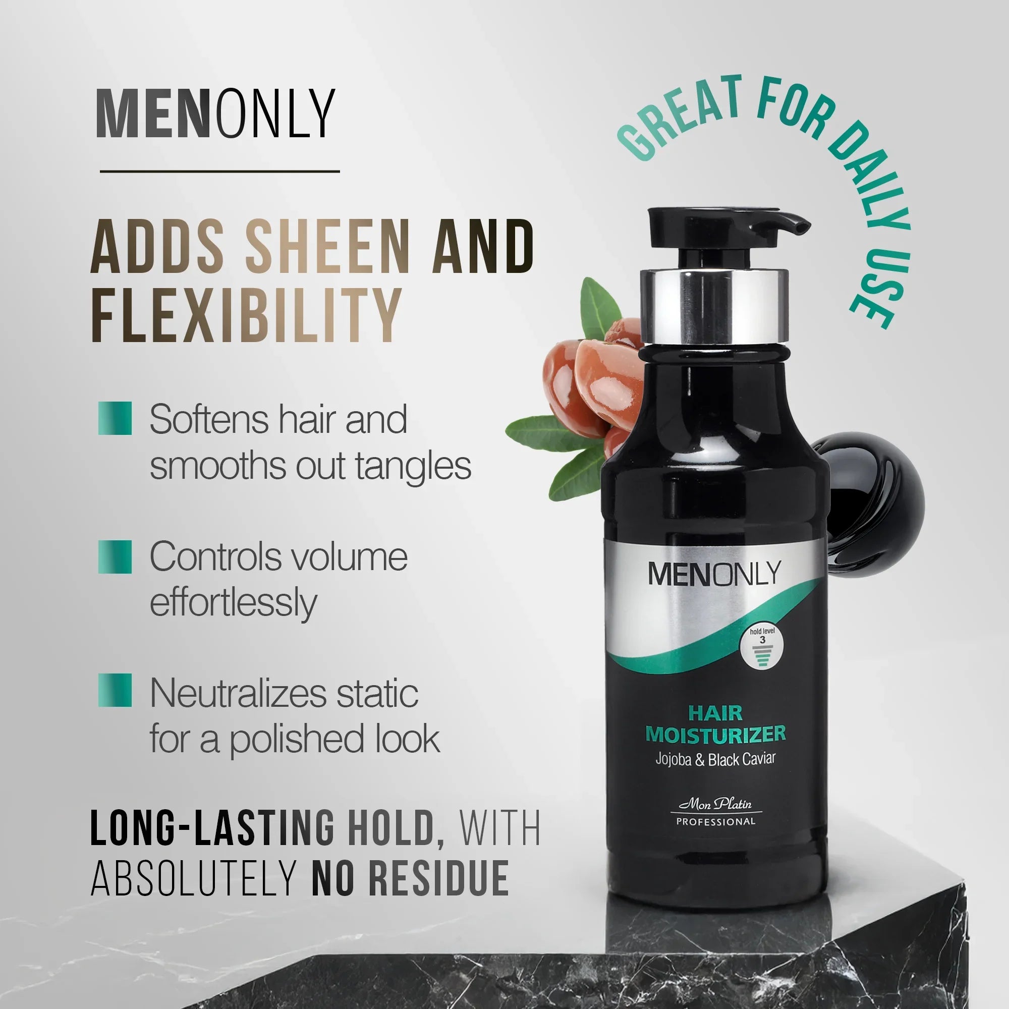 MenOnly Black Caviar Leave-In Hair Cream - Jojoba Avocado Moisturizer for Men - Smooth Shine - 13.5oz