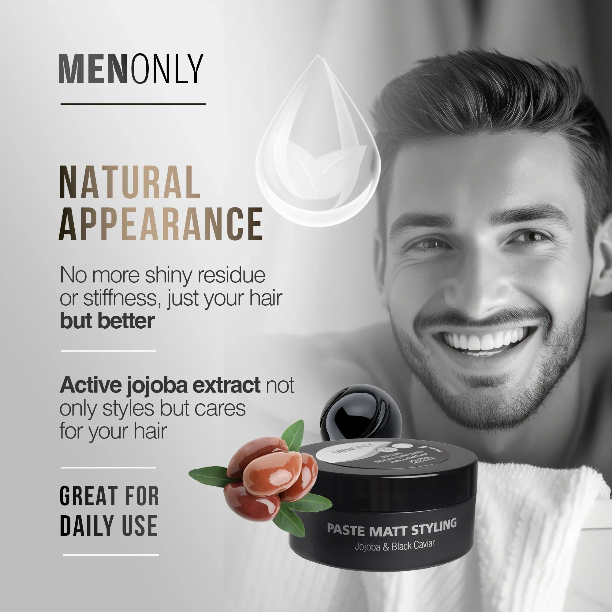 MenOnly Matte Styling Paste – Strong Hold, Non-Greasy Hair Wax with Jojoba & Black Caviar, 3 oz / 85 ml