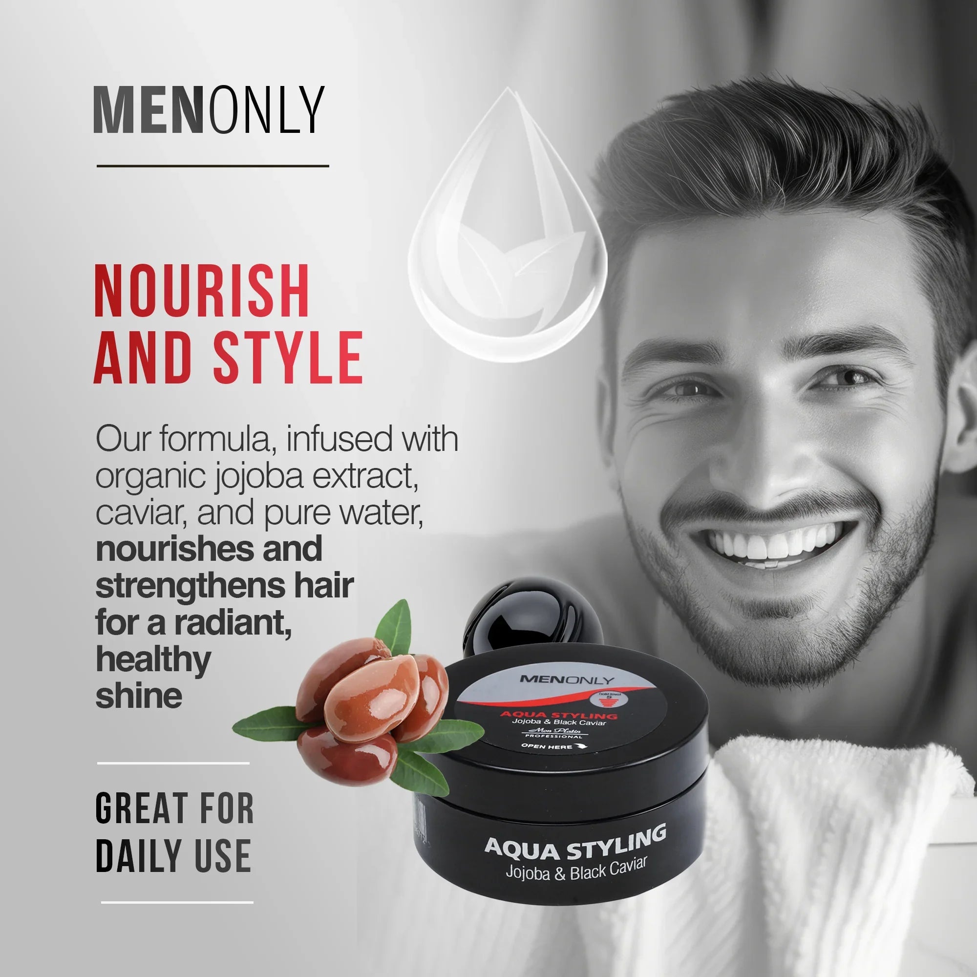 MenOnly Aqua Styling Hair Wax - Jojoba Wet Look Strong Hold Shine for Men - 3oz
