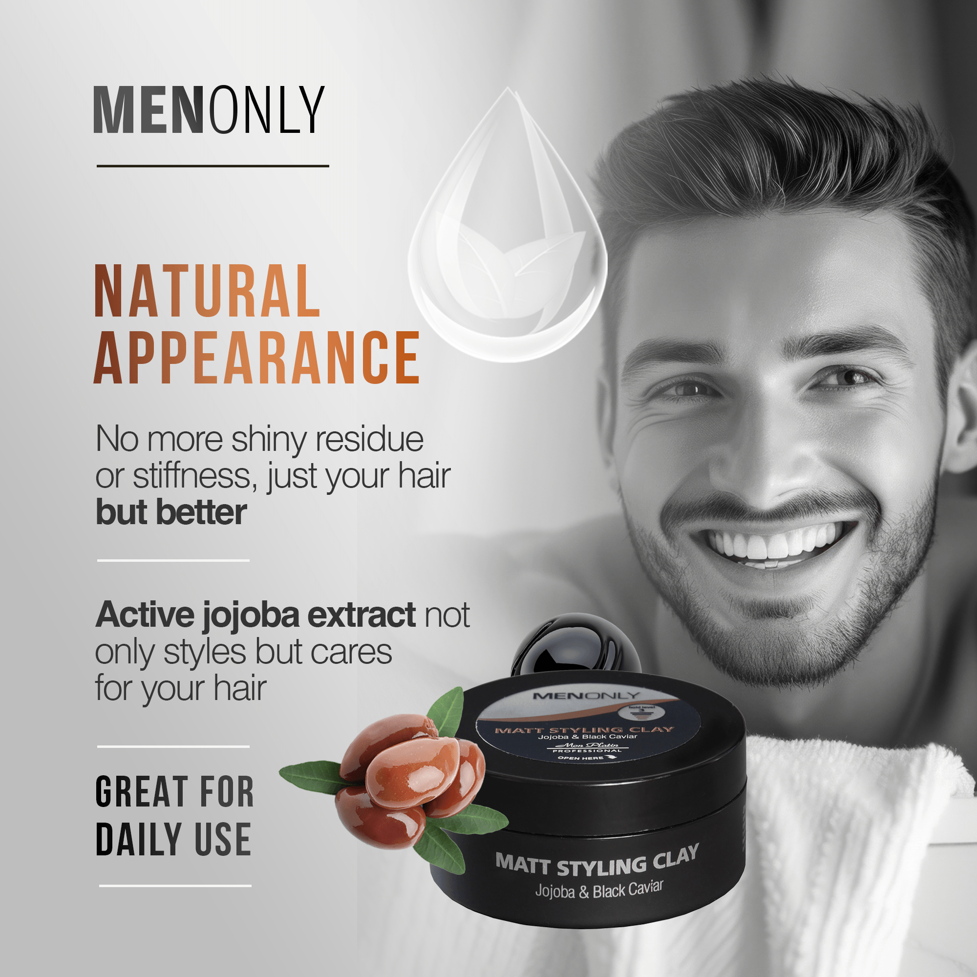 MenOnly Matte Styling Clay - Jojoba Oil Styling Clay Matte Finish Strong Hold for Men - 5oz - Mon Platin