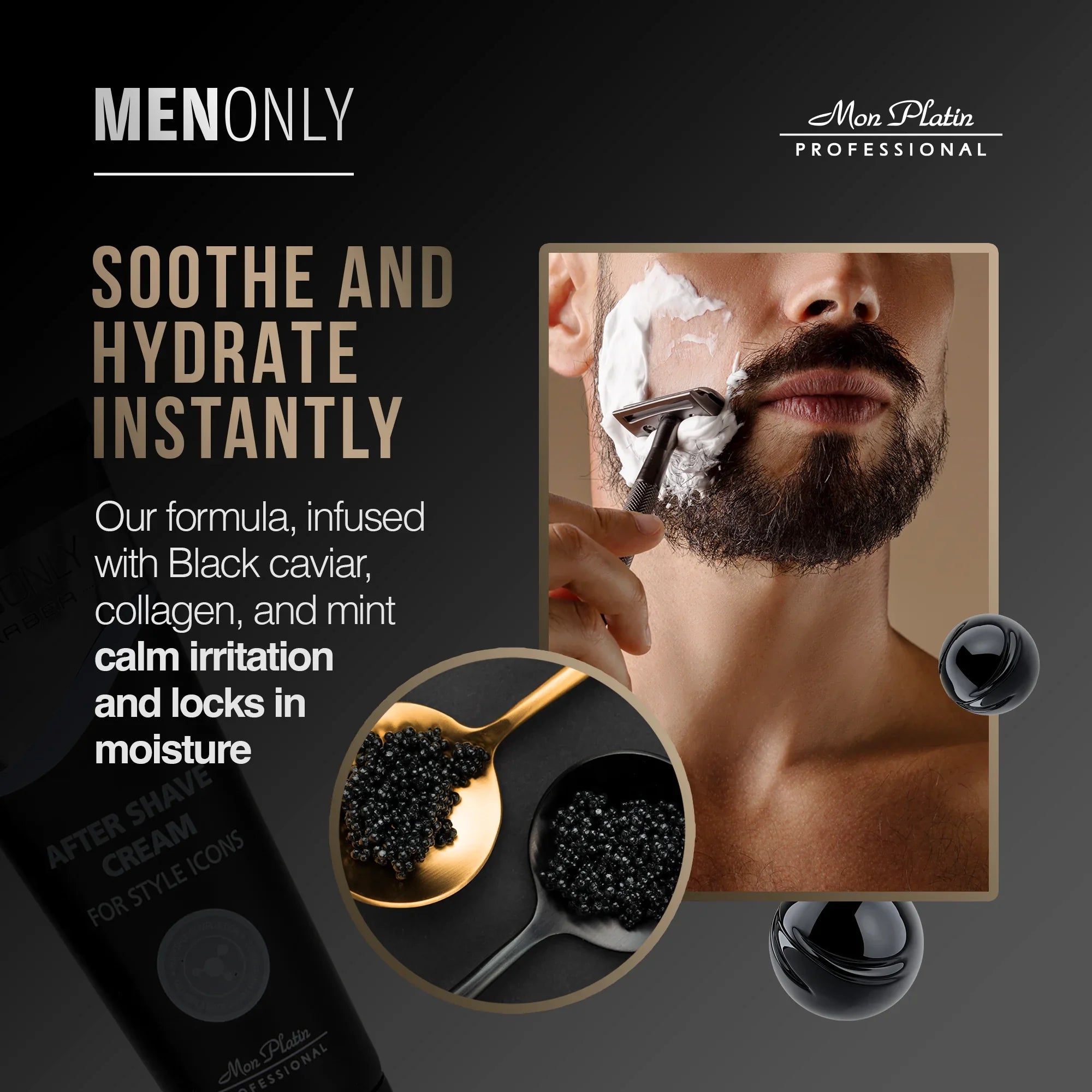 MenOnly Barber After Shave Cream - Black Caviar Collagen Mint Moisturizing Soothing - 2.5oz