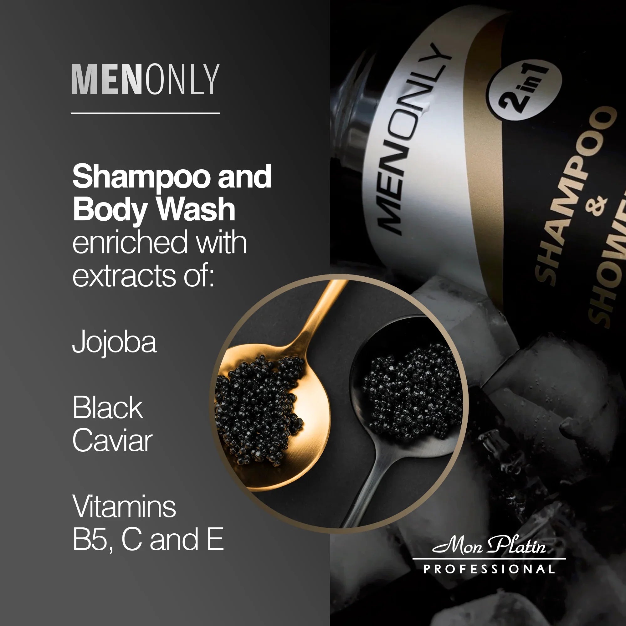 MenOnly Daily Shampoo – Black Caviar & Jojoba Extracts – Anti-Dandruff, Volumizing & Refreshing – 13.5 oz / 400 ml