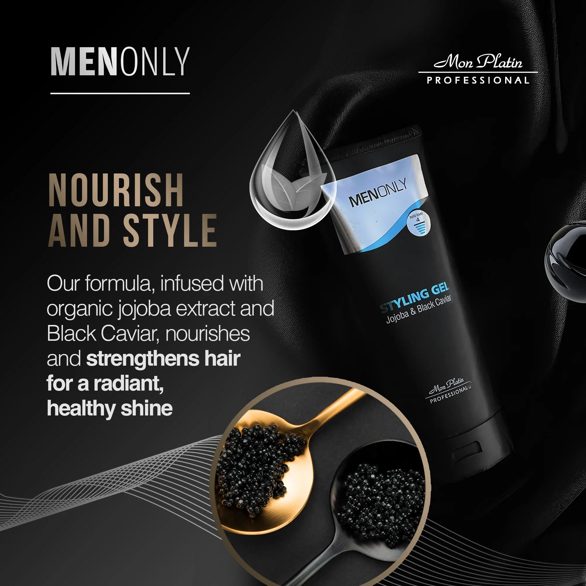 Men’s Styling gel with Jojoba & Black caviar – Men’s Hair Gel with Black Caviar and Jojoba, Strong Hold, Anti-Dandruff Formula, Keeps Hair Styled, Healthy, and Shiny 8.5 oz / 250 ml