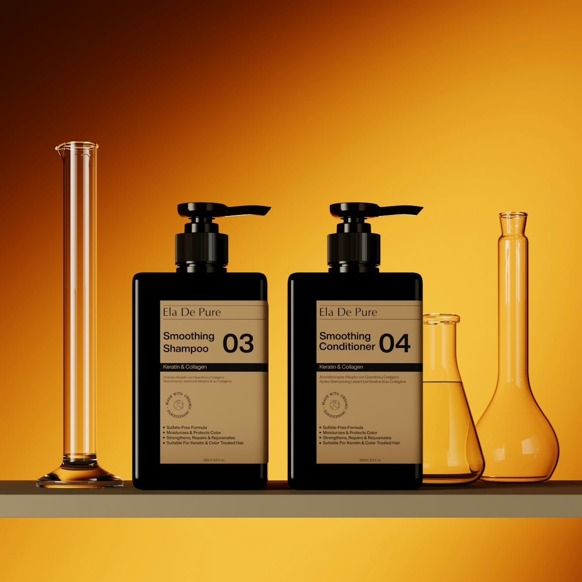 A shelf with three bottles and a flask of liquid