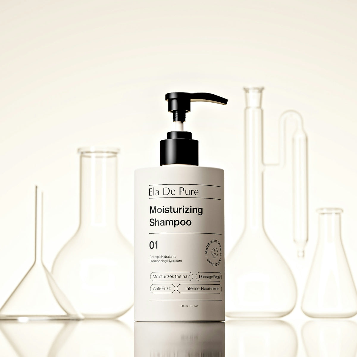 Shampoo bottle with lab equipment in the background