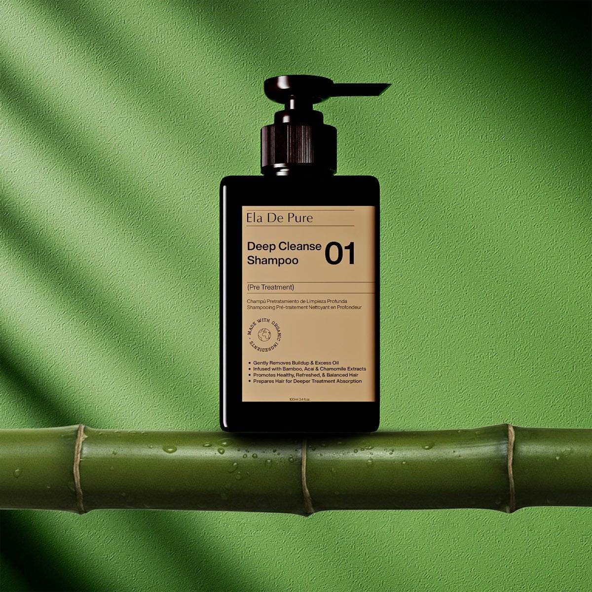 Shampoo bottle on bamboo with green background
