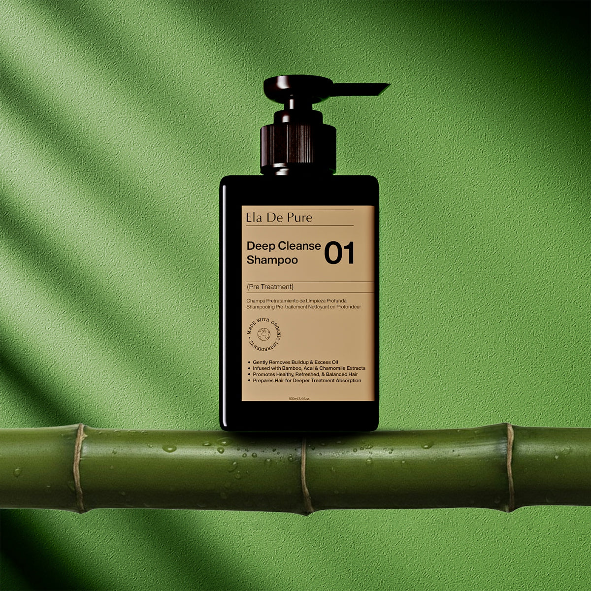 Shampoo bottle on bamboo with green background