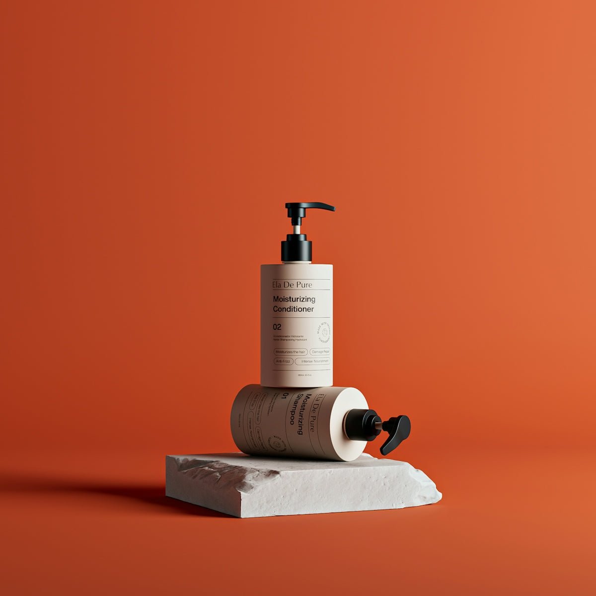 Two pump bottles on a stone against an orange background.