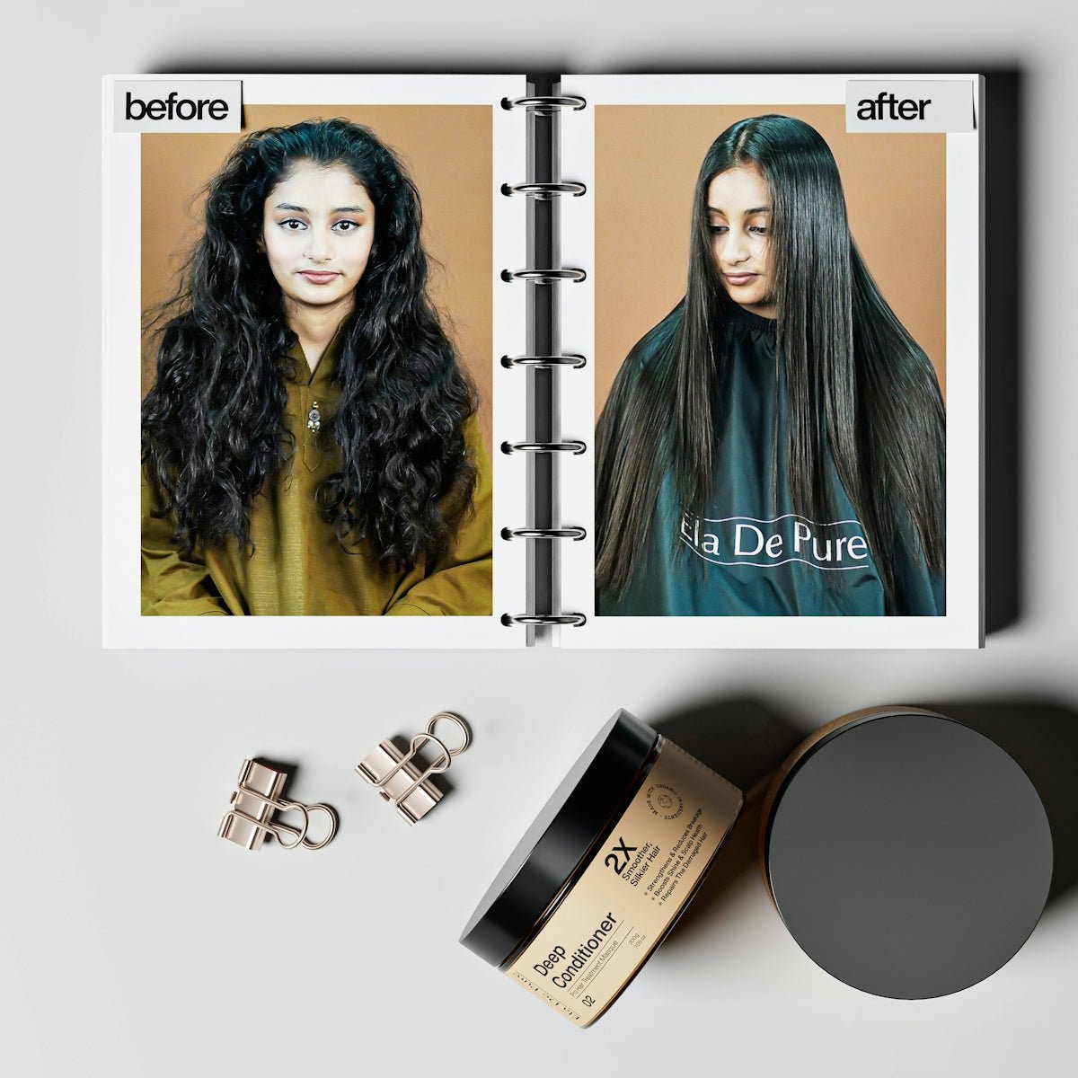 Woman's hair before and after treatment, displayed with cosmetic jars.