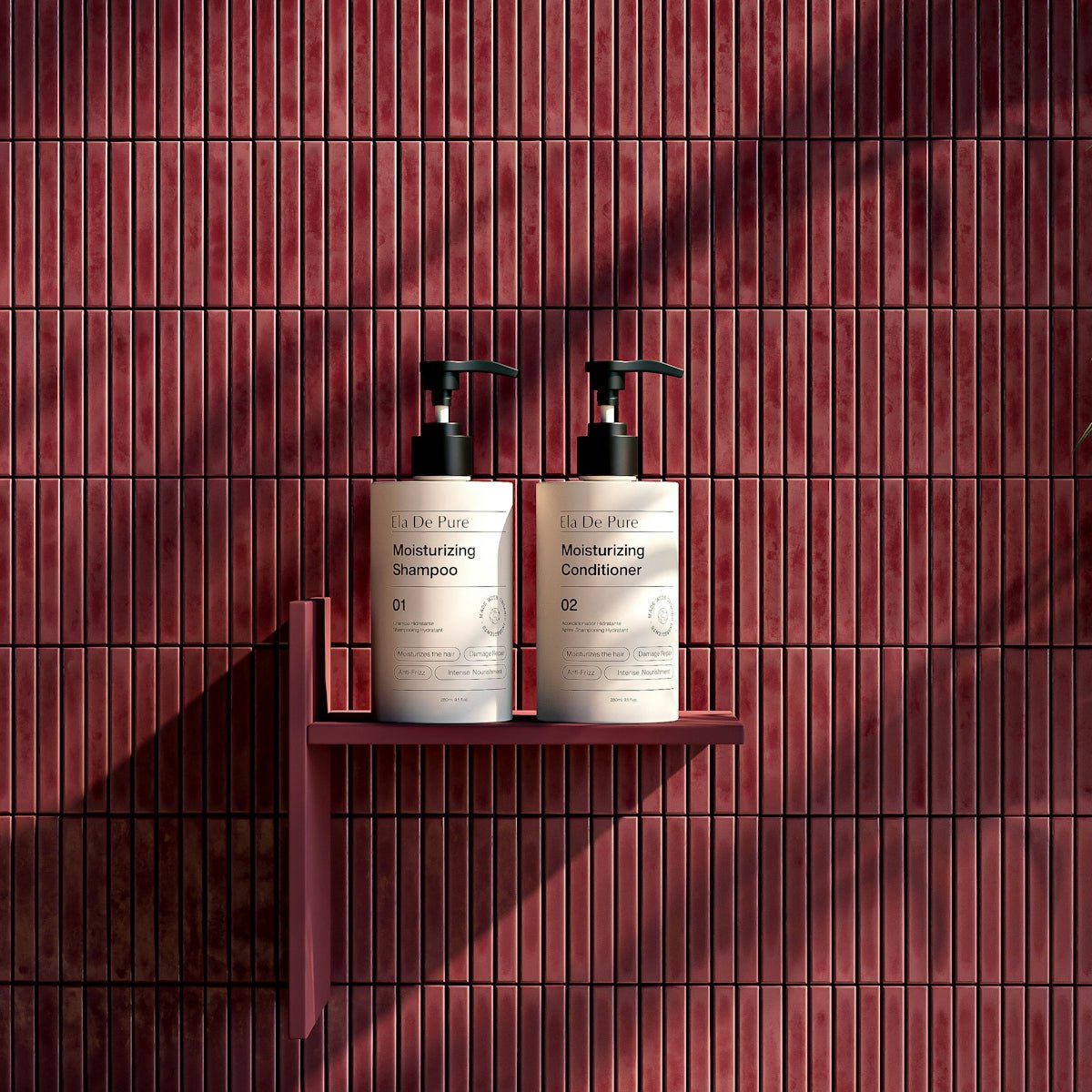 Two pump bottles of shampoo and conditioner on a shelf against red tiles