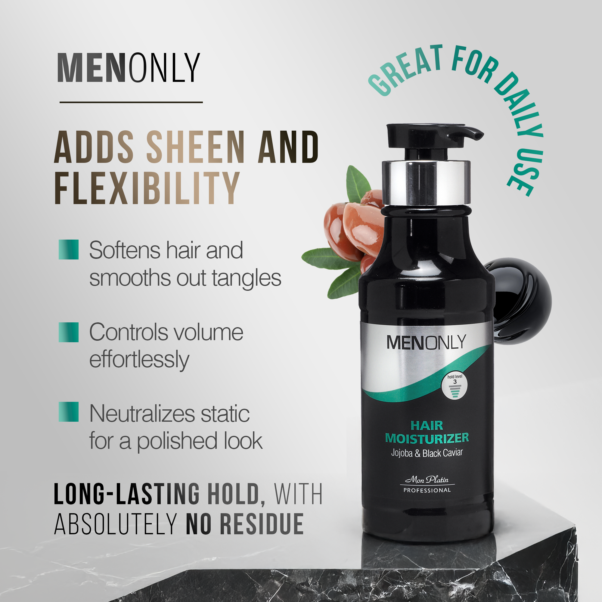MenOnly Black Caviar & Jojoba Oil Hair Cream Leave-In Moisturizer 250 ml