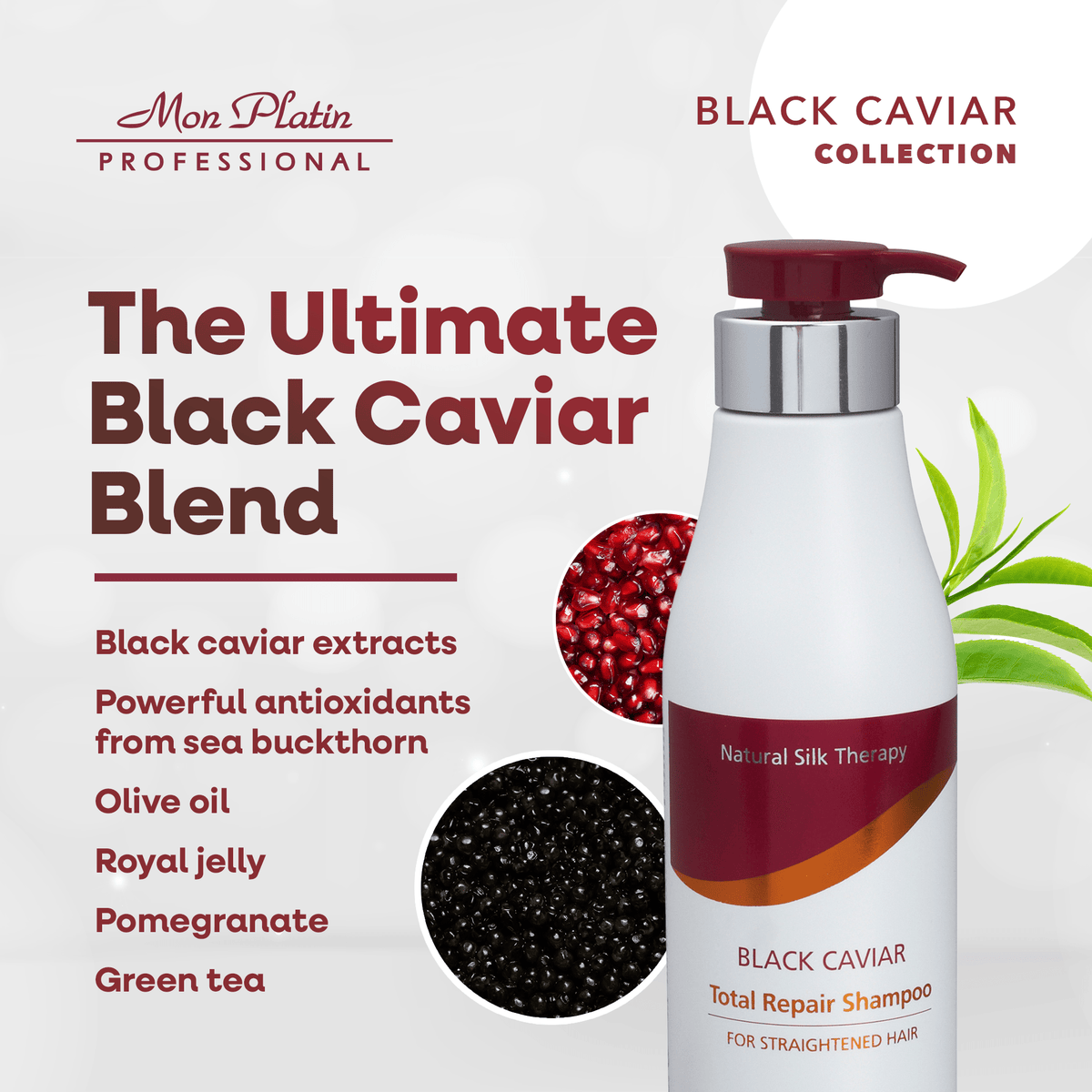 The Ultimate Black Caviar Blend: caviar extract, olive oil, royal jelly, sea buckthorn, pomegranate, green tea
